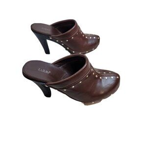 FIONI Clog Mules Stiletto Heels Women's Size 7 Brown Leather studs bohemian chic